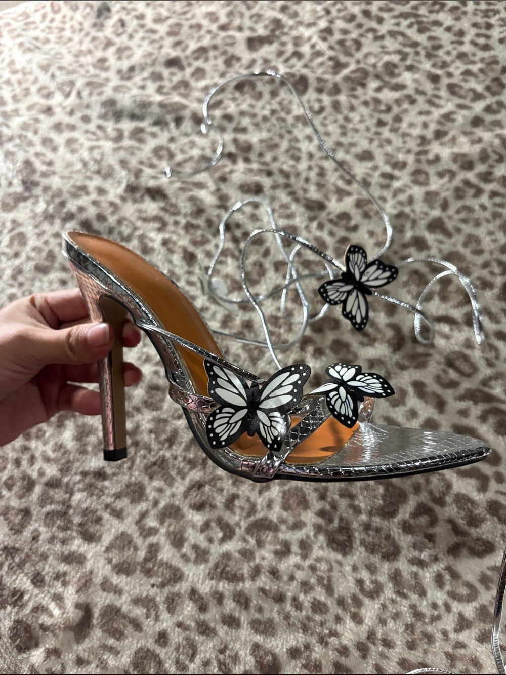 Silver Butterfly Embellished Lace-Up Stiletto Heels